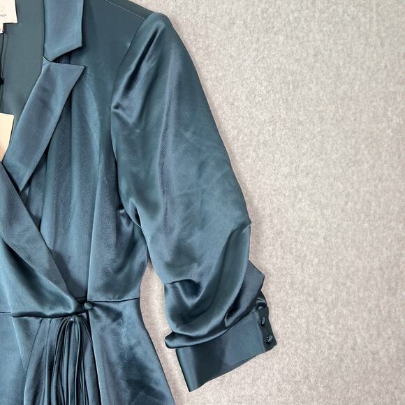 Cinq à Sept Teal Sabina Satin Wrap Mini Dress Size 12 - Picture 5 of 11